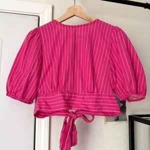 PETITE STUDIO pink pin stripe cotton linen puff short sleeve tie cropped blouse